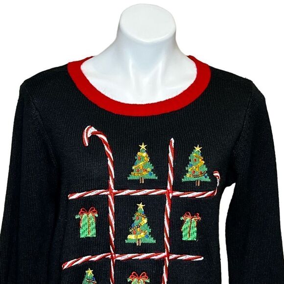 Karen Scott black candy cane tic tac toe ugly Christmas sweater size M - Picture 15 of 16